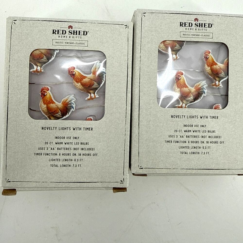 Red Shed Rooster Novelty String Lights Set Of 2 Farmhouse Chicken LED Timer New